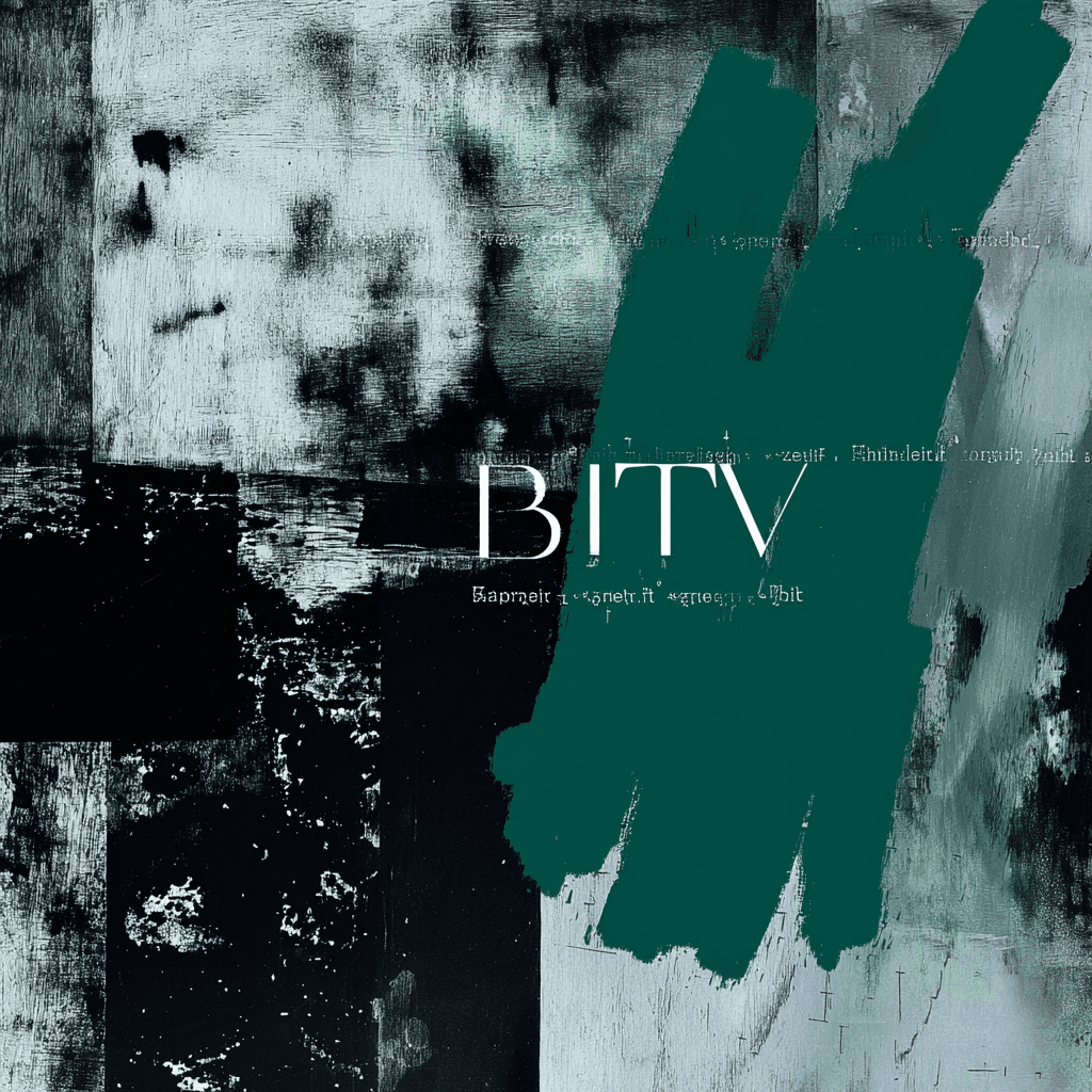 Abstrakte Collage in Grün, Grau und Schwarz mit dem Schriftzug BITV