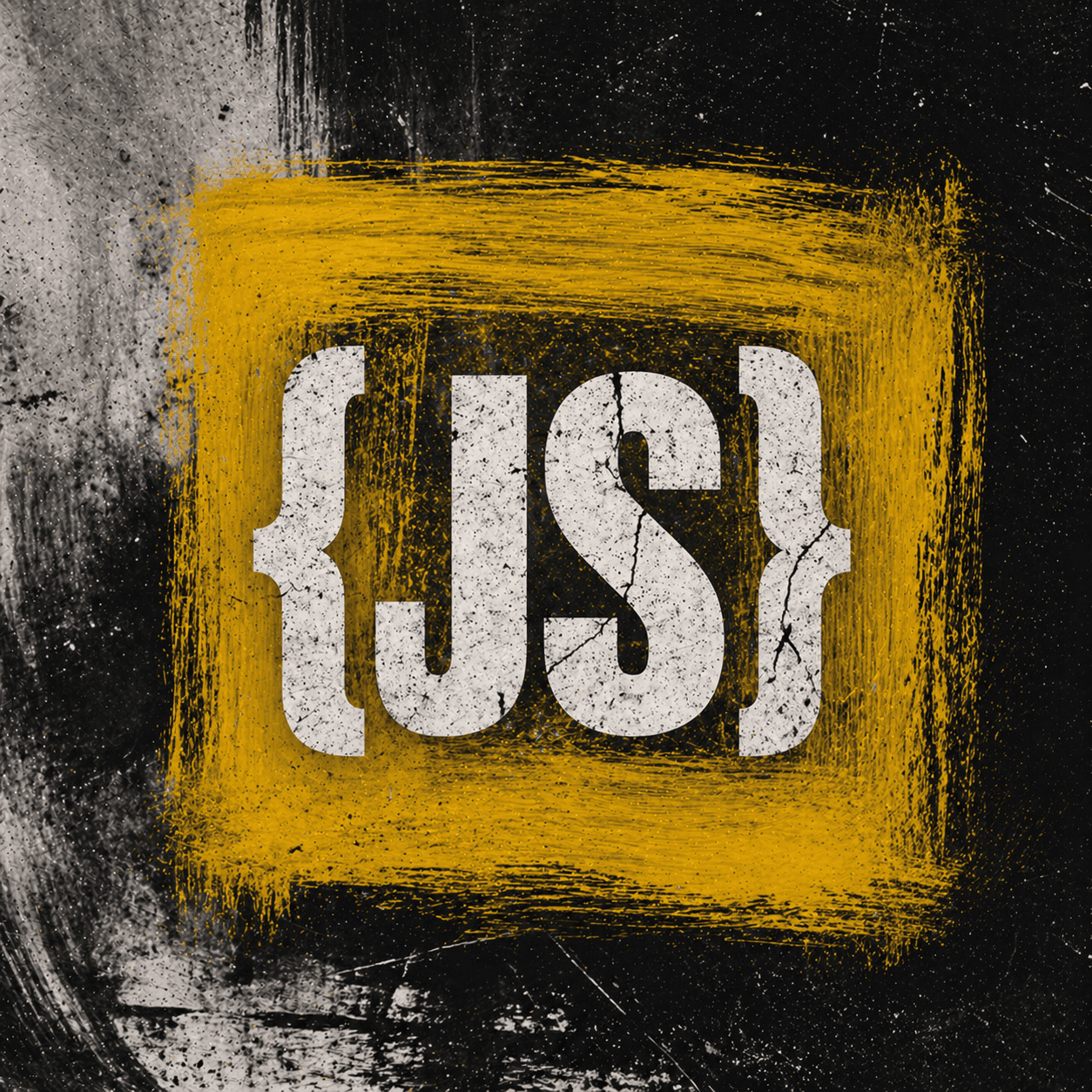 Schriftzug {JS} in Weiß auf gelb gemaltem Quadrat im Grunge-Stil