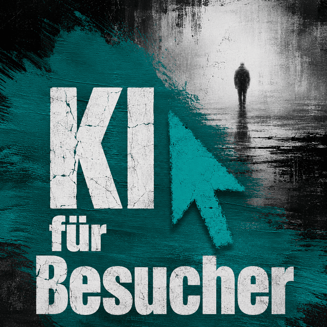 Schriftzug „KI für Besucher“ mit türkisem Mauszeiger und einer Person, die auf helles Licht zugeht