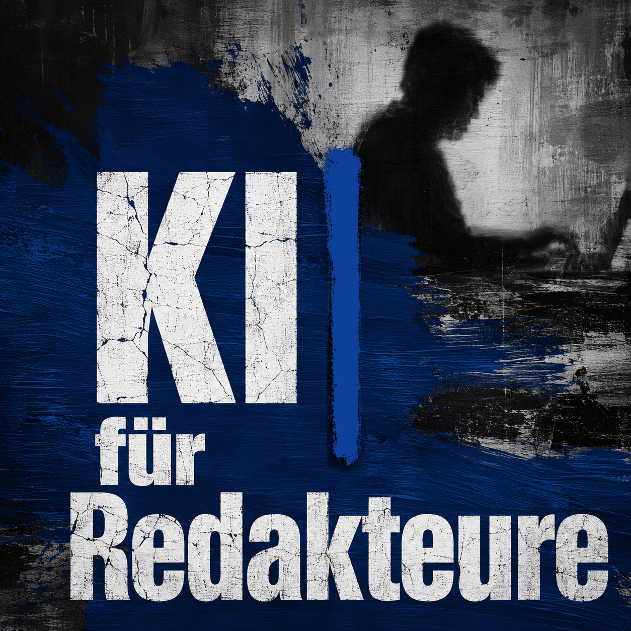 Schriftzug „KI für Redakteure“ mit blauer Einfügemarke und Silhouette einer Person am Laptop