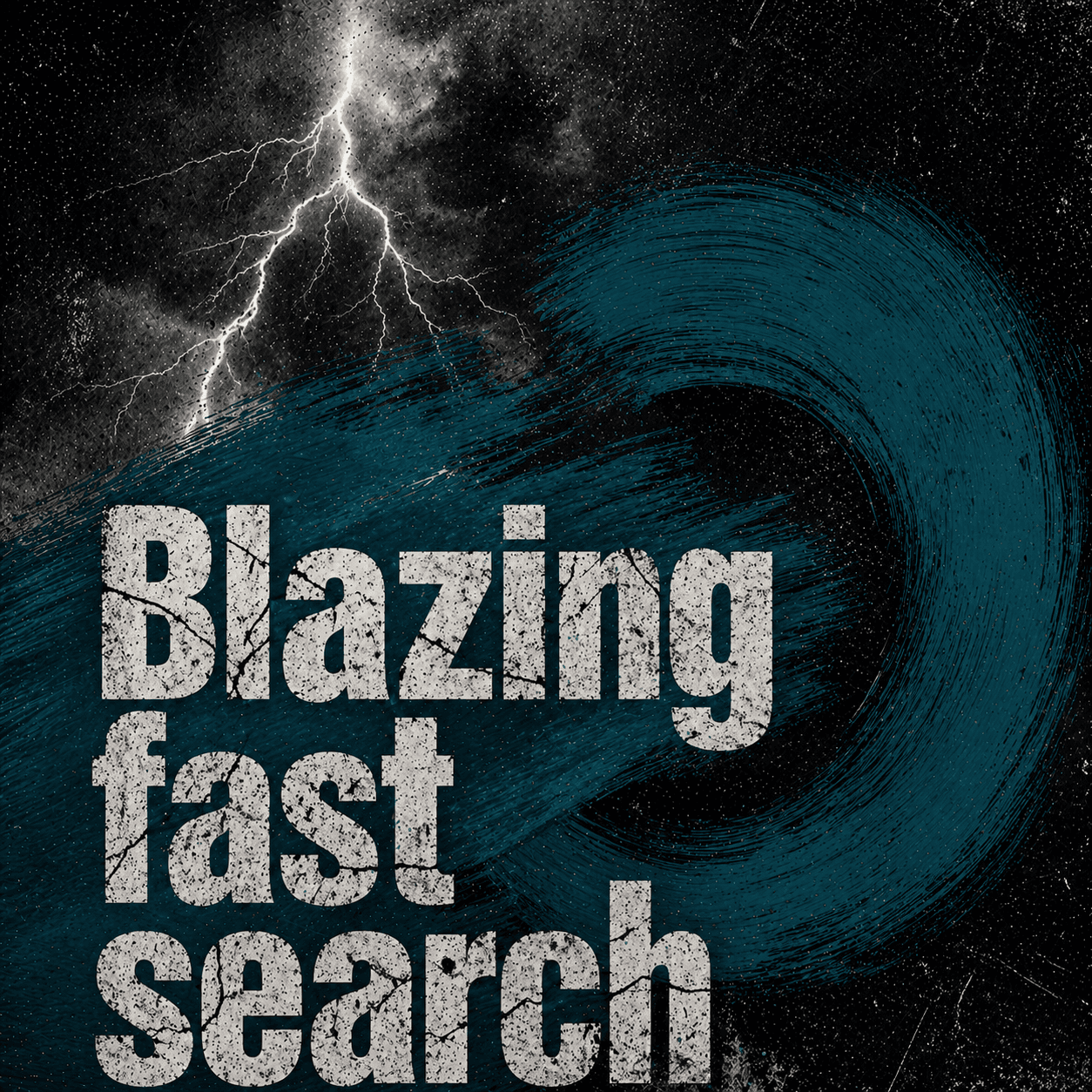 Poster mit Blitz und blauer Welle, Schriftzug „Blazing fast search“