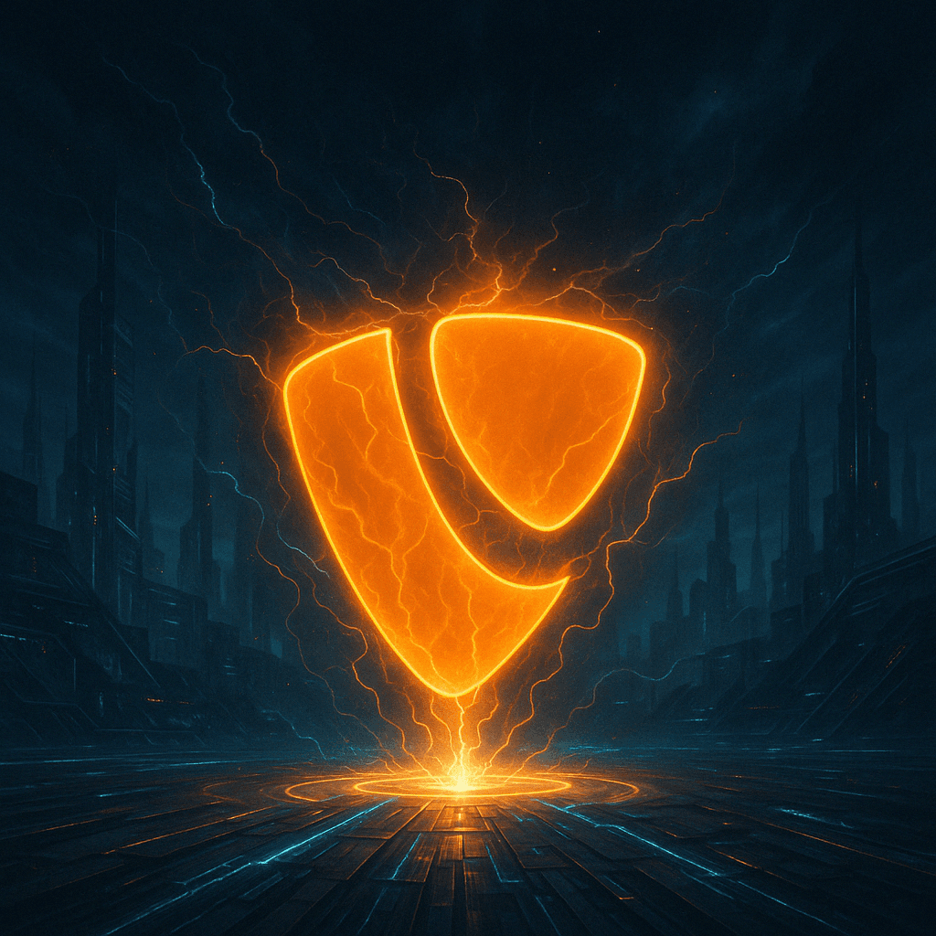 Leuchtend oranges TYPO3-Logo, umgeben von Blitzen vor dunkler futuristischer Stadtkulisse