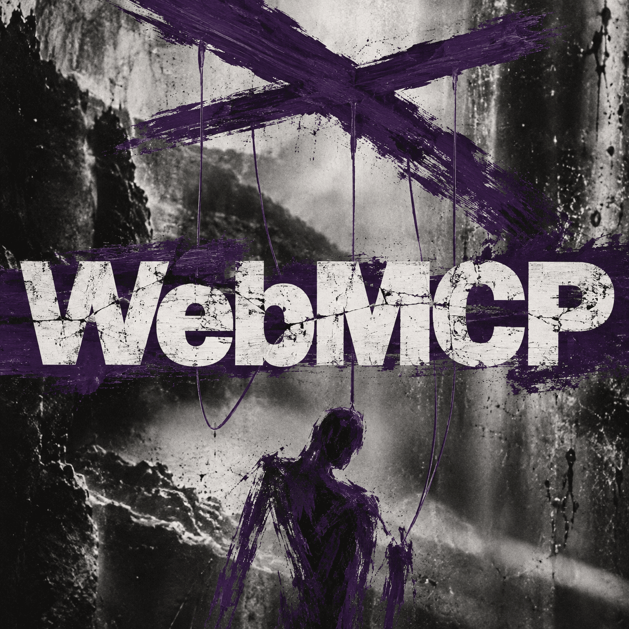Schriftzug „WebMCP" in Weiß auf Violett, ein Marionettenkreuz führt Fäden zu einer Silhouette, Sinnbild für Agenten, die eine Website steuern